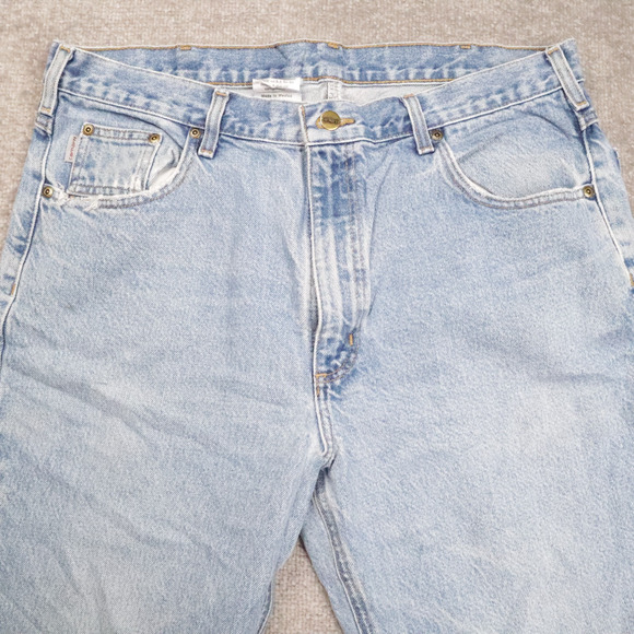 Vintage Carhartt Straight Traditional Fit 38x30 Light Wash Blue Denim Jeans - Picture 10 of 16